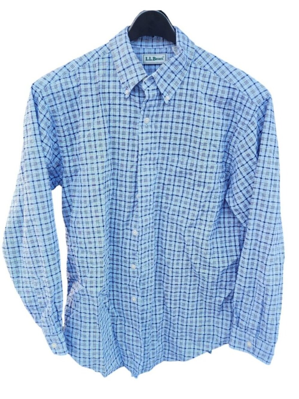 L.L.Bean Mens Plaid Button-Down Shirt Blue Checkered Long Sleeve Cotton Medium